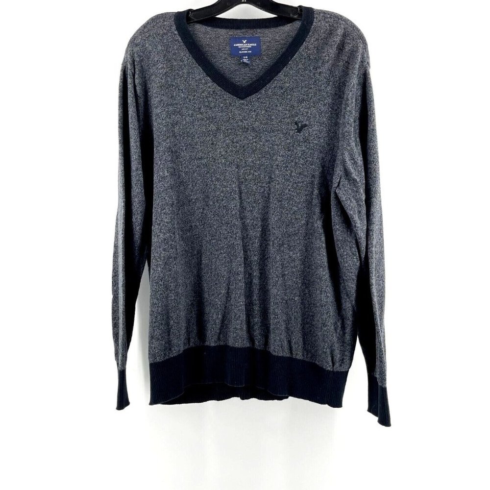American Eagle Men's 100% Cotton Gray Long Sleeve V Neck Sweater Shirt Size L